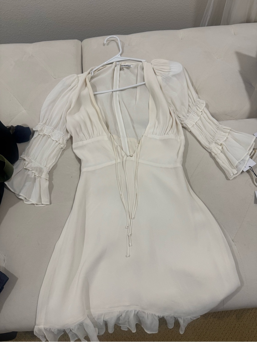 Reformation Ivory Long-Sleeve Ruffle Mini Dress